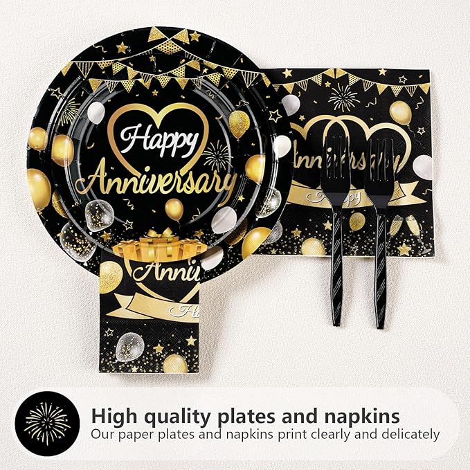 96 Pcs Happy Anniversary Decorations Disposable Black and Gold Anniversary Party Paper Plates and Napkins Tableware Set Wedding anniversary Party Supplies for 40th 50th 60th Wedding Favors 24 Guests