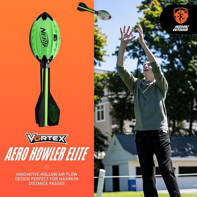 Nerf Elite Vortex Aero Howler Foam Football Soft Vortex Football for Long-Distance Throws - Innovative Hollow Air Flow Design - Kids Aero Howler Whistle Vortex Foam Ball