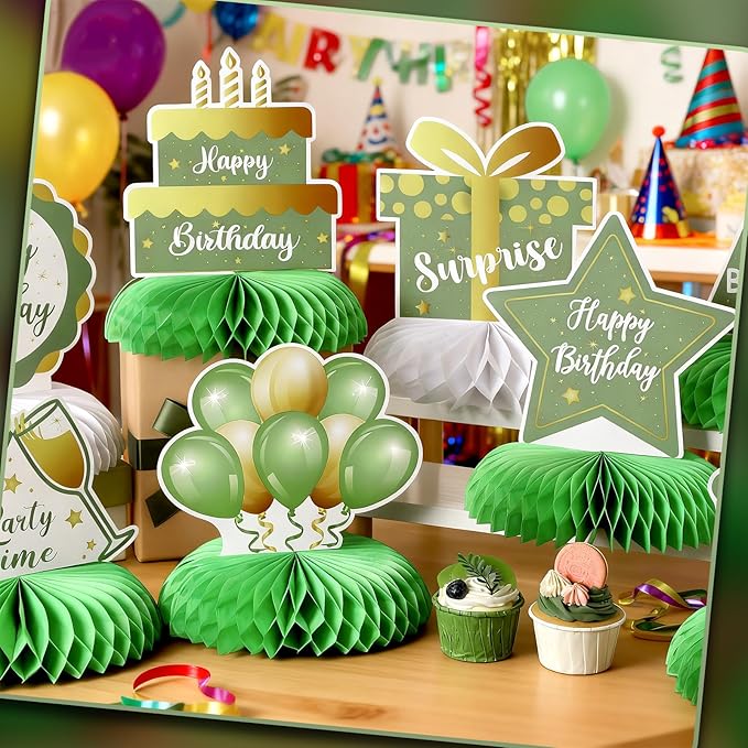 Yexiya 8 Pcs Sage Green Birthday Centerpiece Table Decoration, Happy Birthday Honeycomb Centerpieces Honeycomb Table Toppers for Men Women Party Supplies