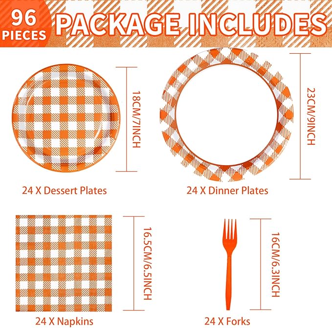 96Pcs Orange Gingham Party Supplies 350GSM Disposable Orange and White Buffalo Checked Paper Plates and Napkins Fall Tableware Set for Thanksgiving BBQ Picnic Baby Shower Birthday Party Decor Serves24