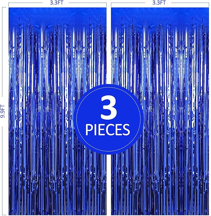 Birthday Party Decorations| 3 Pack 3.3 x 9.9 ft Blue Foil Fringe Curtains Party Supplies|Tinsel Curtain Backdrop for Parties, Glitter Streamers Backdrop for Birthday/Photo Booth Backdrops/Party Decor