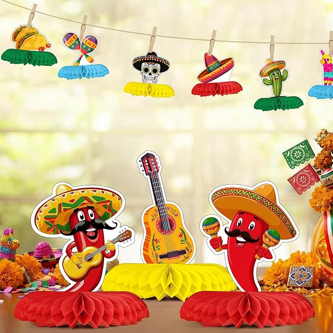 Horaldaily 10PCS Mexican Fiesta Party Table Decoration Centerpieces, Cinco De Mayo Taco Twosday Honeycomb Centerpieces Table Toppers for Home Classroom School Boys Girls Baby Shower Birthday Supplies