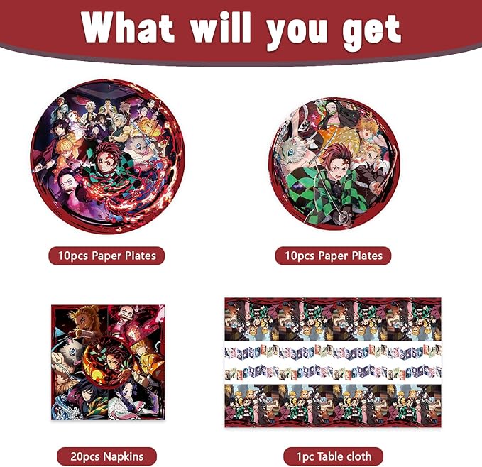 41Packs Demon Slayers Birthday Decorations Include 20 Plates, 20 Napkins and 1 Tablecover for De Slayers Birthday Party Supplies (bule3)