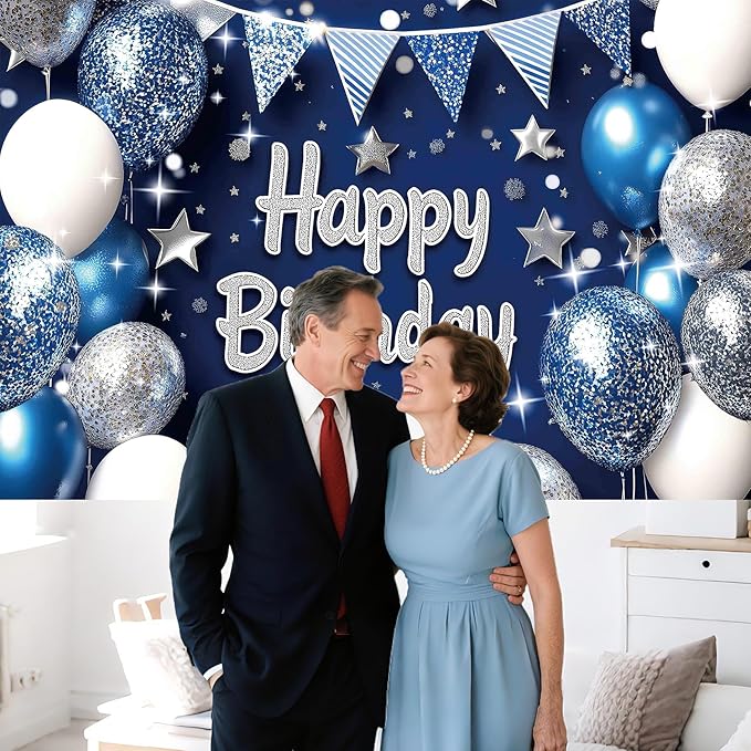 Blue Silver Birthday Party Backdrop Blue Silver Balloon Star Happy Birthday Banner Photography Background for Men Home Decorations Party Supplies 70.8 x 47.2 Inch
