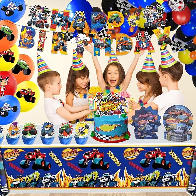133 Pcs Monster Truck Birthday Party Supplies,Included Banner,Gift Bag,Party Blowers,Tablecloth,Cake Topper,Cupcake Toppers,Plates,Balloon,Racing Car Tableware Set for Boy Truck Party Decorations