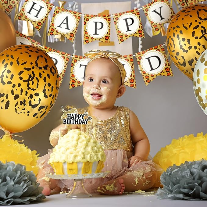 Civaner 51 Pieces Gold Cheetah Birthday Decorations Including Cheetah Birthday Banner Theme Balloons Leopard Cake Topper Safari Animal Print Tablecloth and Ribbon for Baby Shower Party Supplies