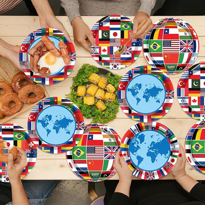 Wiooffen 80Pcs International World Flags Plates Around the World Globe Party Tableware Decorations International Flags 7'' Paper Cake Dessert Dinner Plates for Travel Trip Retirement Party Supplies