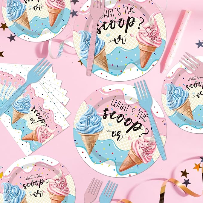 96PCS Whats The Scoop Plates and Napkins Party Supplies Whats The Scoop Gender Reveal Decorations Ice Cream Gender Reveal Party Decorations Disposable Paper Tableware Set Serves 24 Guests