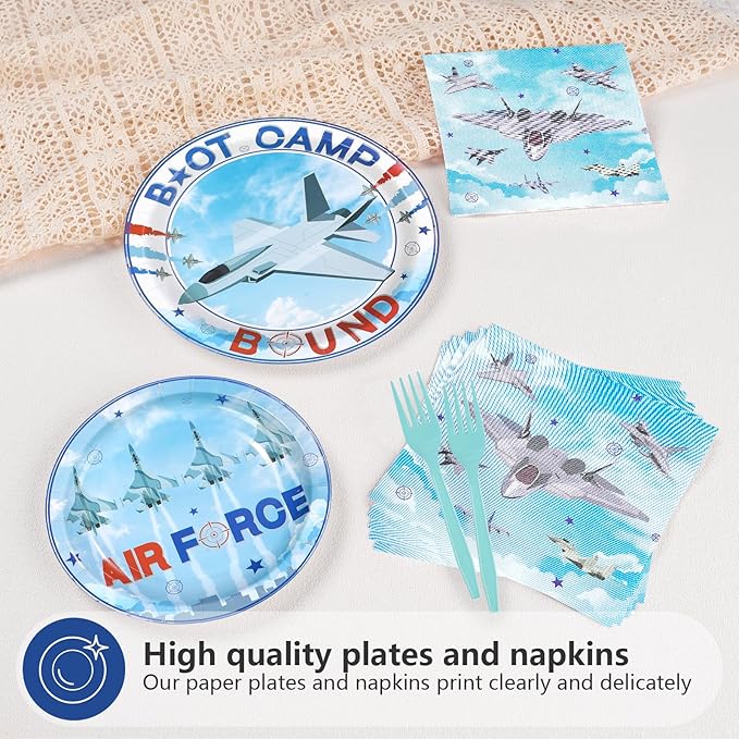 96Pcs Air Force Party Decorations Airplane Aviation Plates and Napkins Army Boot Camp Themed Disposable Paper Tableware Set for AirForce Pilot Birthday Patriotic Party Supplies Serves 24