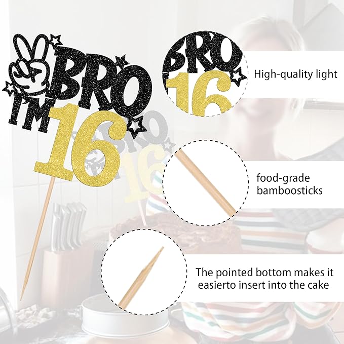 1 PCS Brother I'm 16 Cake Topper Glitter Star Happy 16th Birthday Cake Pick Bro I'm 16 Cake Decoration It's My 16th Birthday Decorations for Boys Cheers to 16 Years Birthday Party Supplies Gold