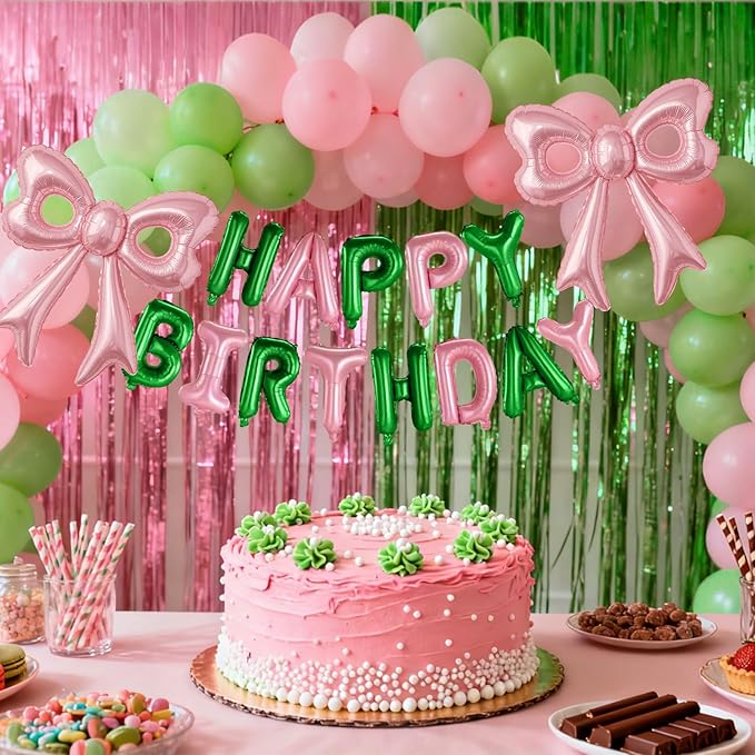 Pink and Green Happy Birthday Balloons, 31”Huge Pink Bow Aluminum Foil Balloons for Girl Woman Birthday Princess Bachelorette Witch Party Decorations Supplies