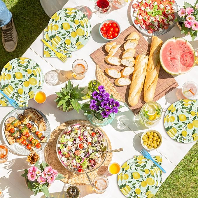 96 Pcs Lemon Party Decorations Summer Lemon Birthday Party Supplies Plates Napkins and Forks for Yellow Lemon Baby Shower Bridal Shower Serves 24