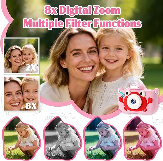 Kids Camera Toys for 3-9 Year Old Girls Boys. 2.4-inch Screen Children's Digital Camera with Fill Light,Christmas/Birthday Gift for Children.Comes with a 64G TF Card, Silicone Protective case/Lanyard