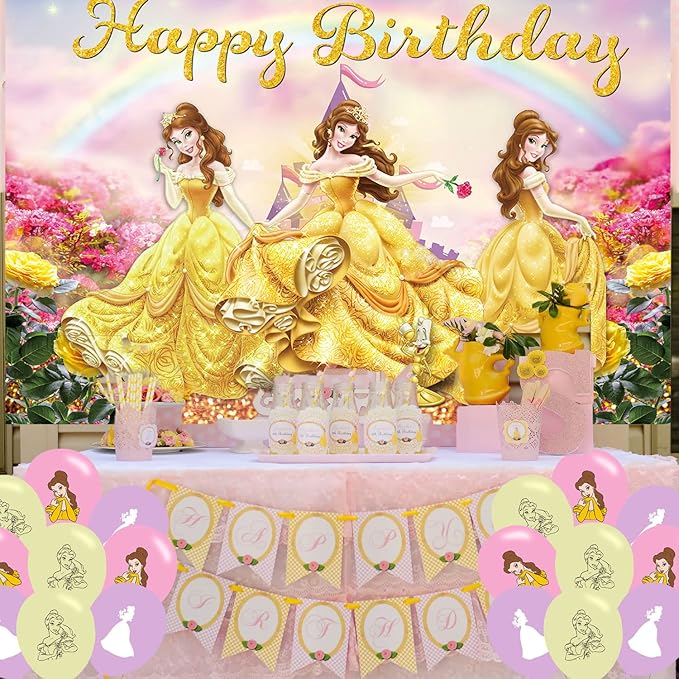 Princess Belle Birthday Party Decoration,Photo Background 5 x 3 FT, 18 Pcs Balloons,Beauty and Beast Merch Party Backdrop Supplies