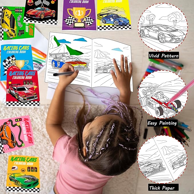 Lyosehy 24PCS Coloring Books Racing Car Theme Party Favors Racing Car Activity Coloring Books Bulk Fast Racecar Wheel Theme Birthday Party Drawing Book Craft Supplies