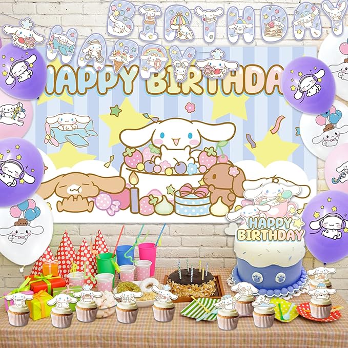 42pcs Cinna-morolls Birthday Party Supplies Pack Includes，Banner，Cake Topper，Blackdrop,Balloons for Cinna-morolls party decoration