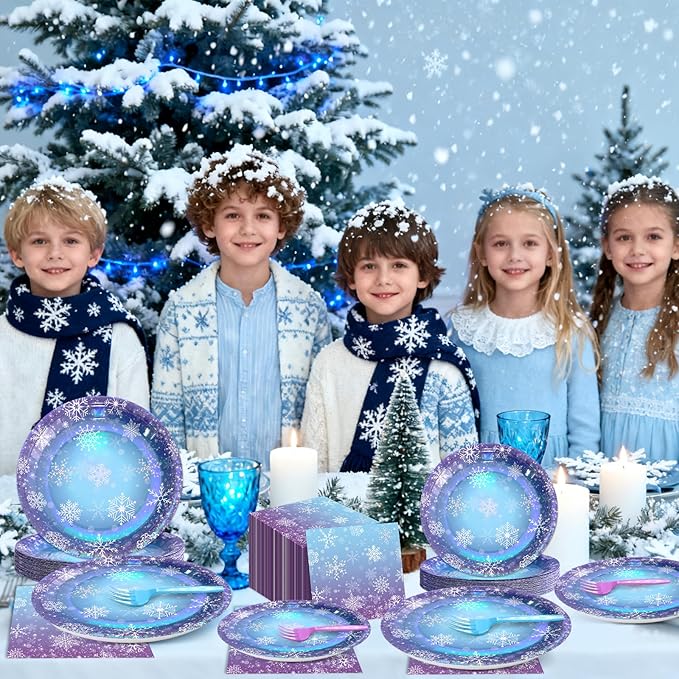 96 Pcs Winter Snowflake Paper Plates and Napkins Blue Purple Snowflake Disposable Tableware Winter Wonderland Dinnerware for Christmas New Year Birthday Party Decor Supplies