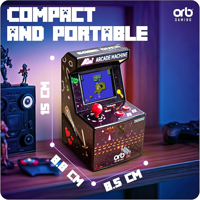 Mini Arcade Machine, 240 Built-in 8-Bit Games, 2.5” Full Colour Screen, 8-Way Joystick, Handheld Retro Games Console – Orb Gaming by ThumbsUp!