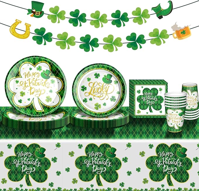 St. Patrick's Day Party Supplies Tableware Set Irish Themed Tableware with Lucky Shamrock Paper Plates Napkins Cups Tablecloth Banner for St. Patrick's Day Party Decorations, Serves 24