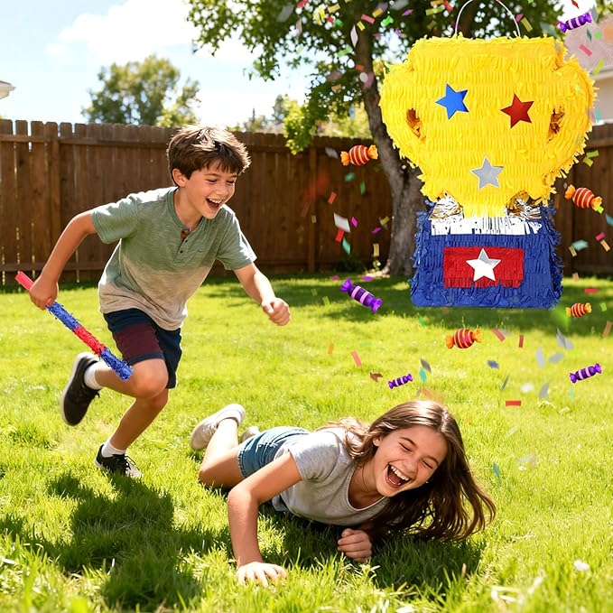 Gold Trophy Pinatas Bundle with a Blindfold and a Bat (Small Size 15.5 x 13 x 4 Inches), Perfect for Sport Team School Event Parties, Champion Award Ceremony Party Decorations Games