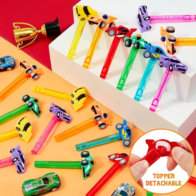 Winrayk Race Car Party Favors, 24Pcs Cars Themed Mini Bubble Wands for Kids Bubbles Bulk with Detachable Topper (6 Styles & Colors), Summer Pool Beach Birthday Supply Goody Bag Stuffer Classroom Prize