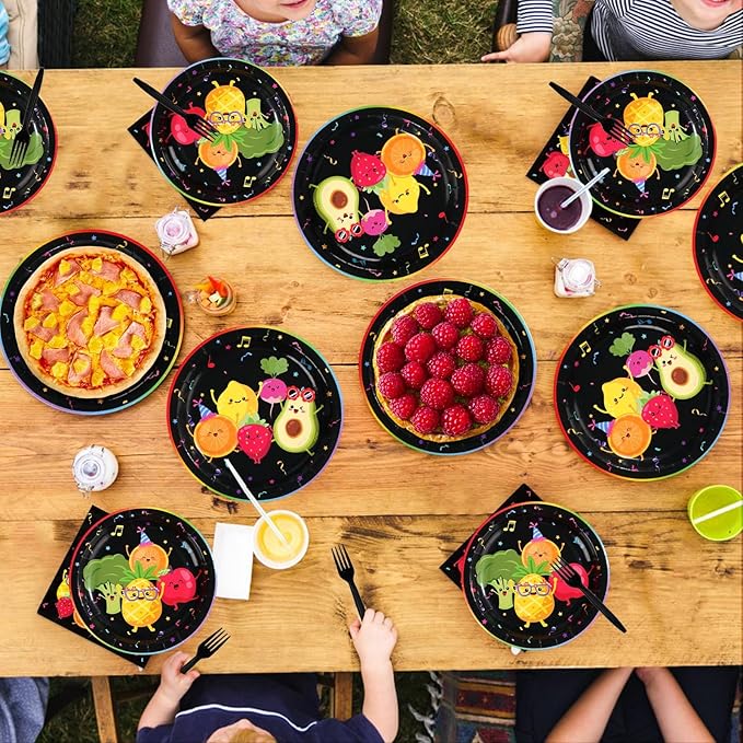 200 Pcs Dancing Fruit Party Decorations Dancing Fruits Plates and Napkins Fruits Themed Paper Dessert Plates for Kids' Birthday Baby Shower Party Supplies Serves 50