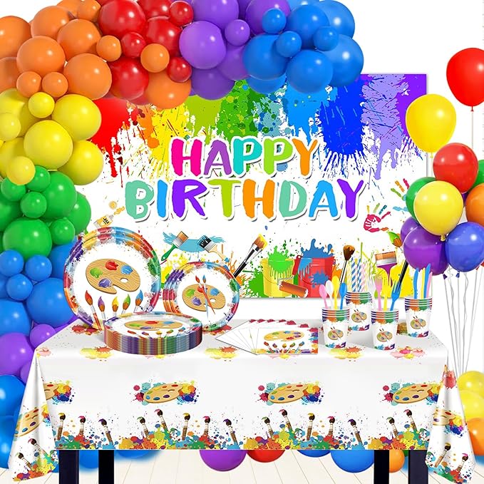 Paint Party Decorations 300 Pcs Paint Splatter Plates Napkins Cups Banner Balloons Tablecloth Colorful Graffiti Art Birthday Party Decorations Sip Party Supplies Serve 24