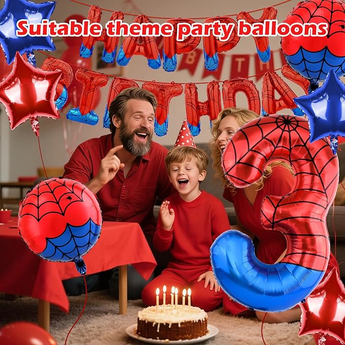 Spider Themed Happy Birthday Banner Party Decorations Set Including 40 Inch Number 3 Foil Balloons, Themed Party Essentials, Colorful Superhero Backdrop Supplies for Boys Indoor Outdoor Celebration