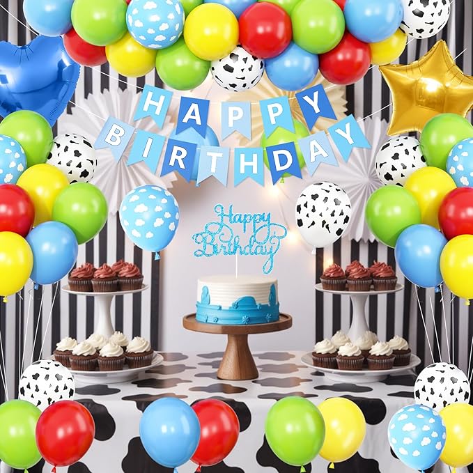 Red Yellow Blue Birthday Decorations,Kids Birthday Decor with Cow Print Sky Light Blue Cloud Balloon Banner Cake Topper Star Heart Foil Balloon for Farm Themed Party Decorations
