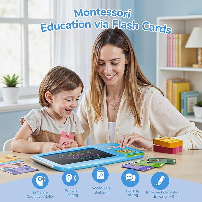 Talking Flash Cards for Toddlers - 2-in-1 LCD Writing Tablet Kids - Montessori Language Learning with 510 Words - Autism & Speech Therapy Toys for Children Gifts, Blue
