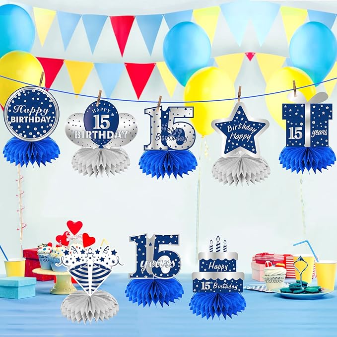Kauayurk 8Pcs 15th Birthday Honeycomb Centerpieces Decorations for Boys, Blue Silver 15 Year Old Table Centerpiece Party Supplies, Fifteen Topper Decor Sign