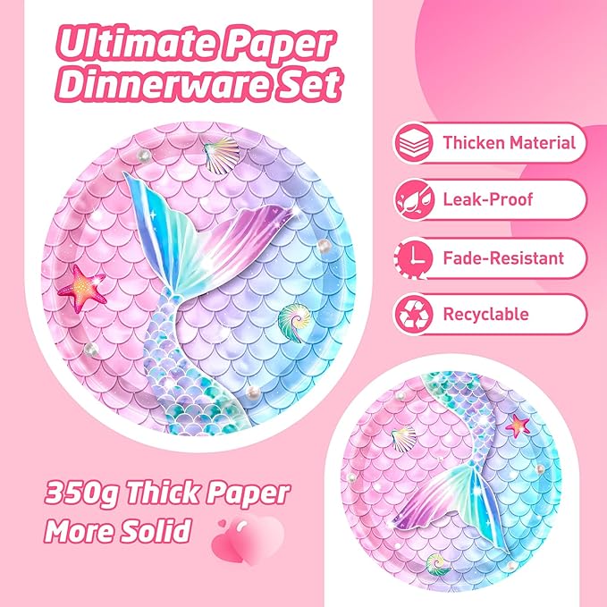 146Pcs Mermaid Plates and Napkins mermaid Party Supplies Includes Plates, Napkin, Fork, Cup, Straw, Tablecloth, Banner for Baby Shower Ocean Birthday Party Decorations, Serves 24 (Mermaid)