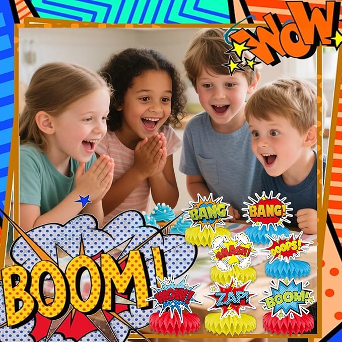 12 Pcs Hero Table Honeycomb Centerpieces, Hero Theme Happy Birthday Party Decorations for Women Men, Fun Action Standing Card Party Decor Party Supplies