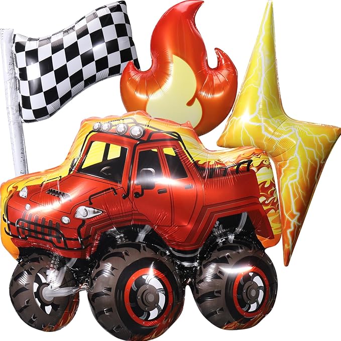 4 Pcs Truck Balloons, Huge Truck Flags Lightning Flame Aluminum Foil Balloons for Birthday, Baby Shower, Race Car Theme Party Decorations Supplies