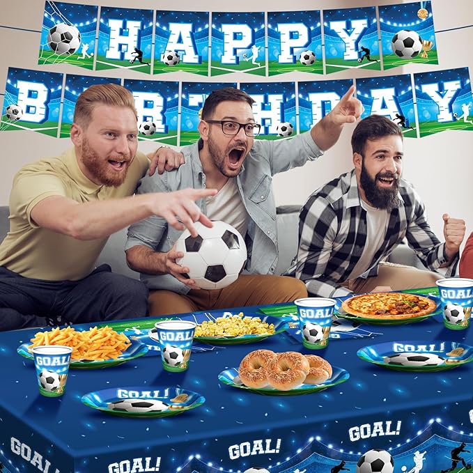 Soccer Birthday Party Decorations Set Includes Dinner Plates, Napkins, Cups, Banner and Tablecloth for Soccer Sports Theme Birthday Decorations, Serve 24