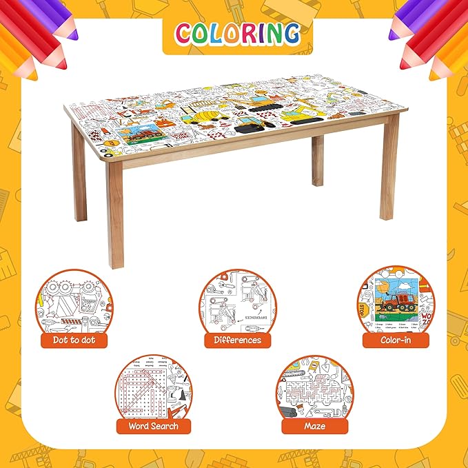 Construction Coloring Tablecloth for Kids, Huge 30x72 Inch Poster with Trucks, Cranes, Bulldozers, Tools, Idea for Party Games, Construction Decorations, Classroom Activities