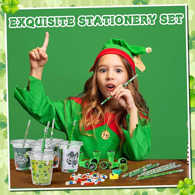Pickmesh 180 Pcs St. Patrick's Day Party Favors Lucky Shamrock Stationery Set Pencils Erasers Stampers Sharpeners Cups for St Patricks Day Accessories Exchange Gifts Classroom Prizes Party Supplies