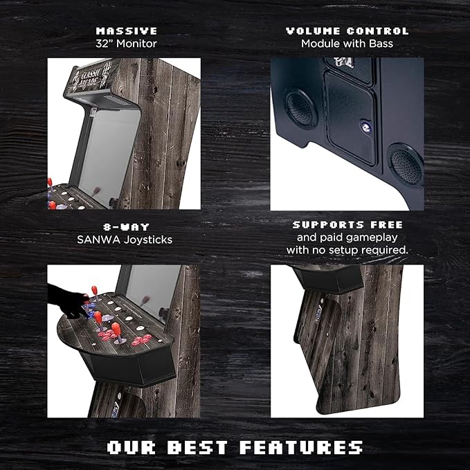 Creative Arcades Full Size Stand-Up Commercial Grade Arcade Machines | 4 Player | 3500 Games | 32" LCD Screen | 4 Sanwa Joysticks | Trackball | Woodgrain | 2 Stools Included | 3 Year Warranty