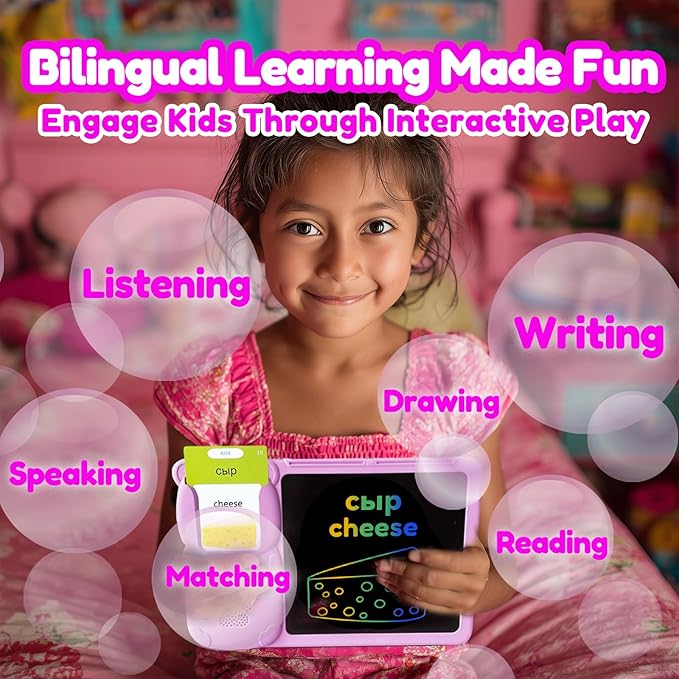 Drawing Tablet with Bilingual Flashcards for Kids - Russian English Talking Flash Cards, LCD Writing Pad Board, Pocket Speech for Toddlers, Learning Toy Gift for Boys Girls (Russian, Pink)