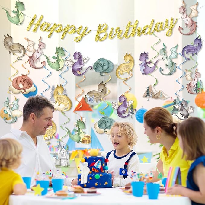 32Pcs Dragon Birthday Party Decorations Watercolor Magic Dragon Banner Hanging Swirl Fantasy Birthday Party Supplies Dinosaur Baby Shower Cutout Banner for Kids Decor