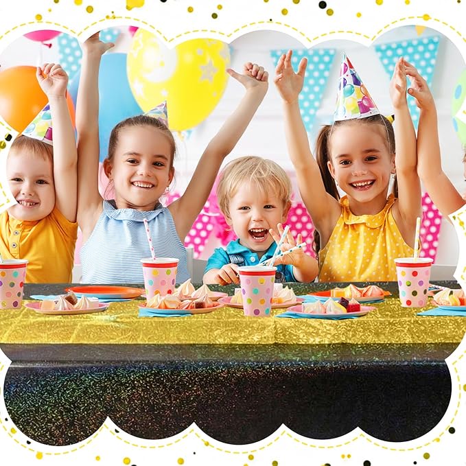 Oudain 2 Pcs Black & Gold Holographic Party Tablecloth 54 x 108 Inch Party Decoration Plastic Rectangle Table Cloth Waterproof Table Cover for Wedding Birthday Anniversary Graduation Supplies