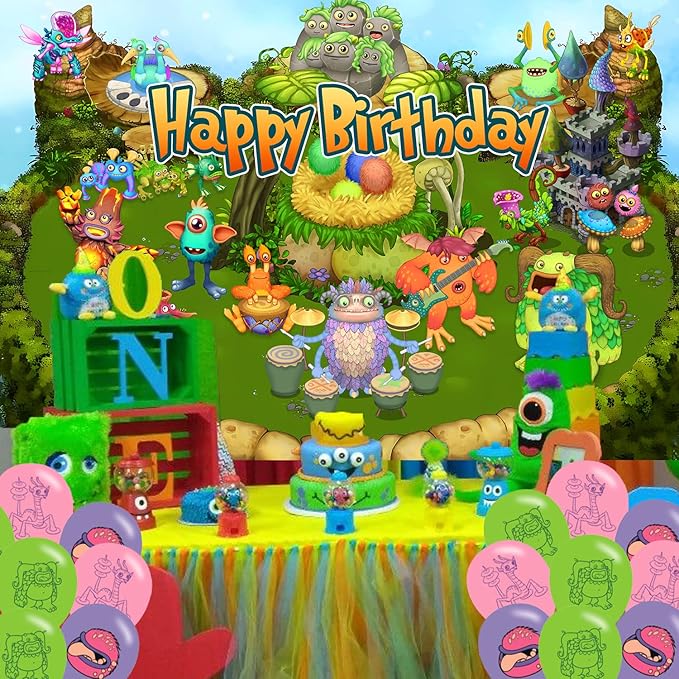 Singing Monster Birthday Party Decoration,Monster Party Photo Background 5 x 3 FT and 18 Pcs Balloon,Merch Party Backdrop Supplies
