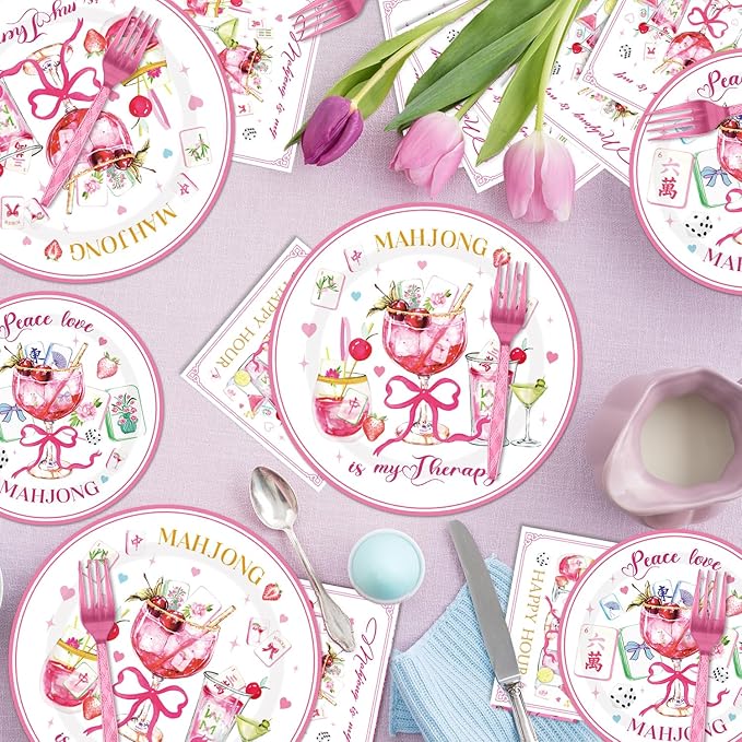 96Pcs Mahjong Party Decorations Tableware Set Mahjong Cocktail Paper Plates Napkins Forks Casual Gatherings Chinese Game Nights Bridal Showers Birthday Theme Party Supplies Serve 24 Guests