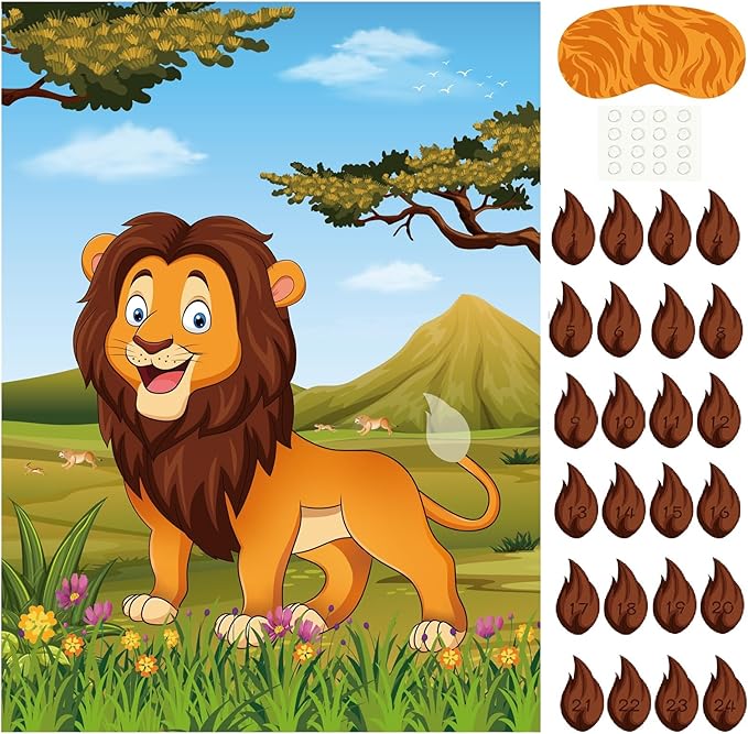 PLULON Pin The Tail on The Lion Party Game Kids Lion Games Poster with Tail Stickers for for Lion Party Favors Boys Birthday Party Supplies Party Decorations
