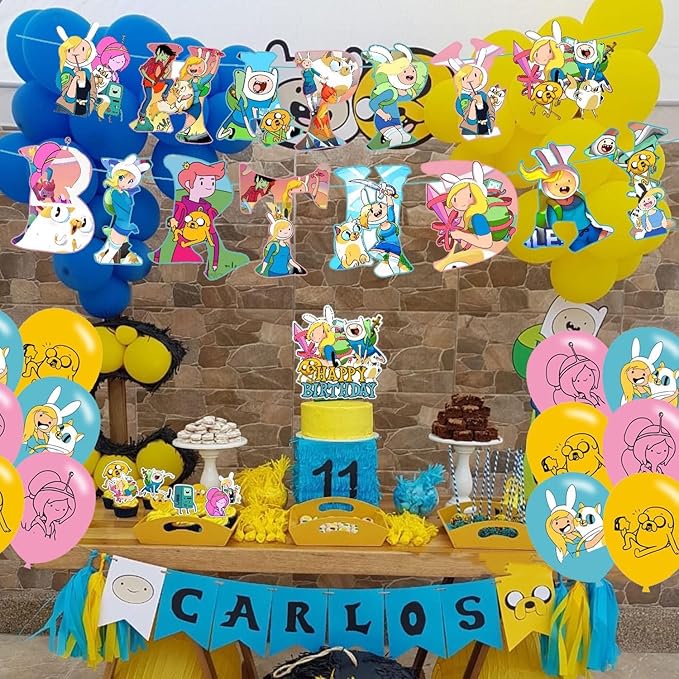 Time of Adventure Themed Birthday Party Supplies Set Happy Birthday Banner, Cake Topper, Cupcake Toppers, Balloons for Cartoon Adventure Kids Party Decorations