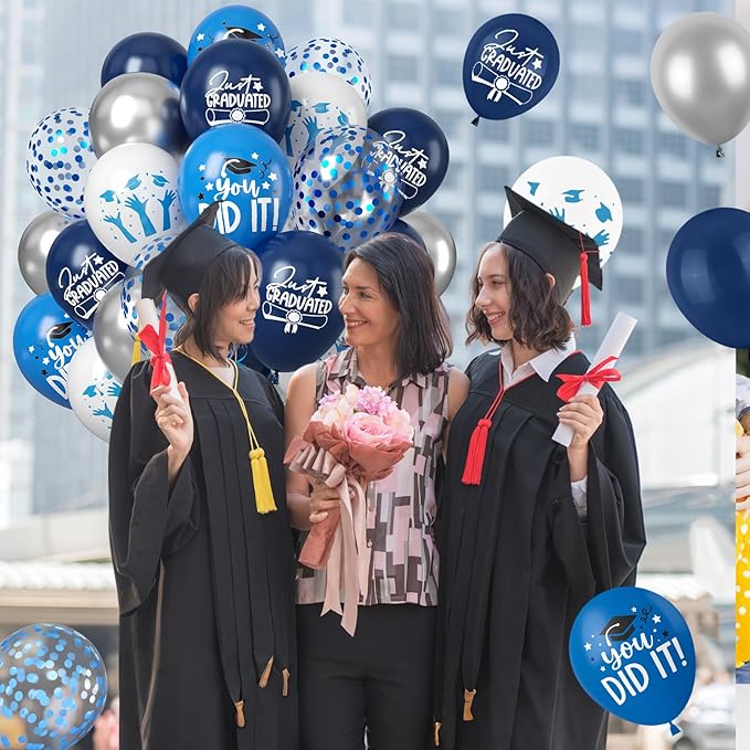 Graduation Party Decorations Balloons Set, 50PCS 12 Inch Blue White Silve Confetti Party Latex Balloon for Class Of 2025 Graduation Party Decoration Supplies