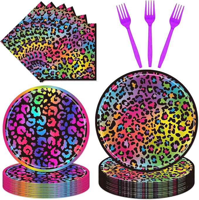 96Pcs Cheetah Print Birthday Party Decorations, Neon Rainbow Leopard Themed Party Supplies Tableware Set Include Paper Plates, Napkins, Forks, Serves 24 Guests