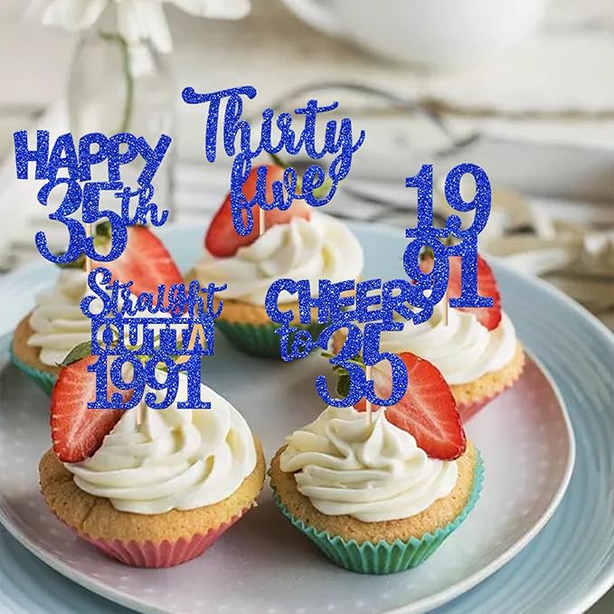 30 PCS 35th Birthday Cupcake Toppers Glitter Ten Happy 35th Straight Outta 1991 Cupcake Picks for Cheers to 35 Fabulous 10th Birthday Anniversary Party Cake Decorations Supplier Blue
