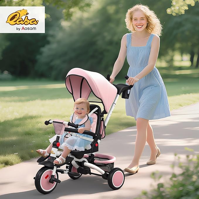 Qaba Kids Tricycle, 6 in 1 Foldable Baby Trike with Adjustable Push Handle, Tricycle Stroller with Removable Canopy, Reversible Seat, Safety Harness, Detachable Guardrail, Storage for 1-5 Years, Pink