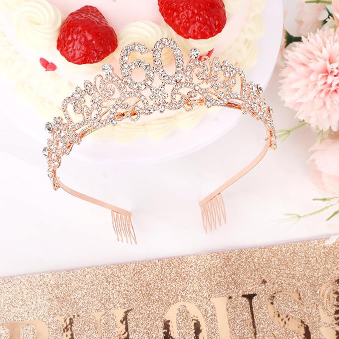 Semato 60th Birthday Decorations for Women- Birthday Crown and Sash Glitter Kit Gifts for Women Party Supplies and Favors (60th)